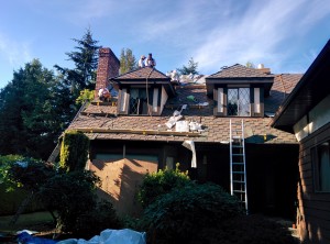 Our crew installing Malarkey's Windsor rubberized shingles